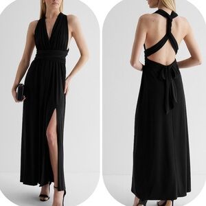 NWT Express XL Pitch Black V-Neck Sleeveless Convertible Side Slit Maxi Dress